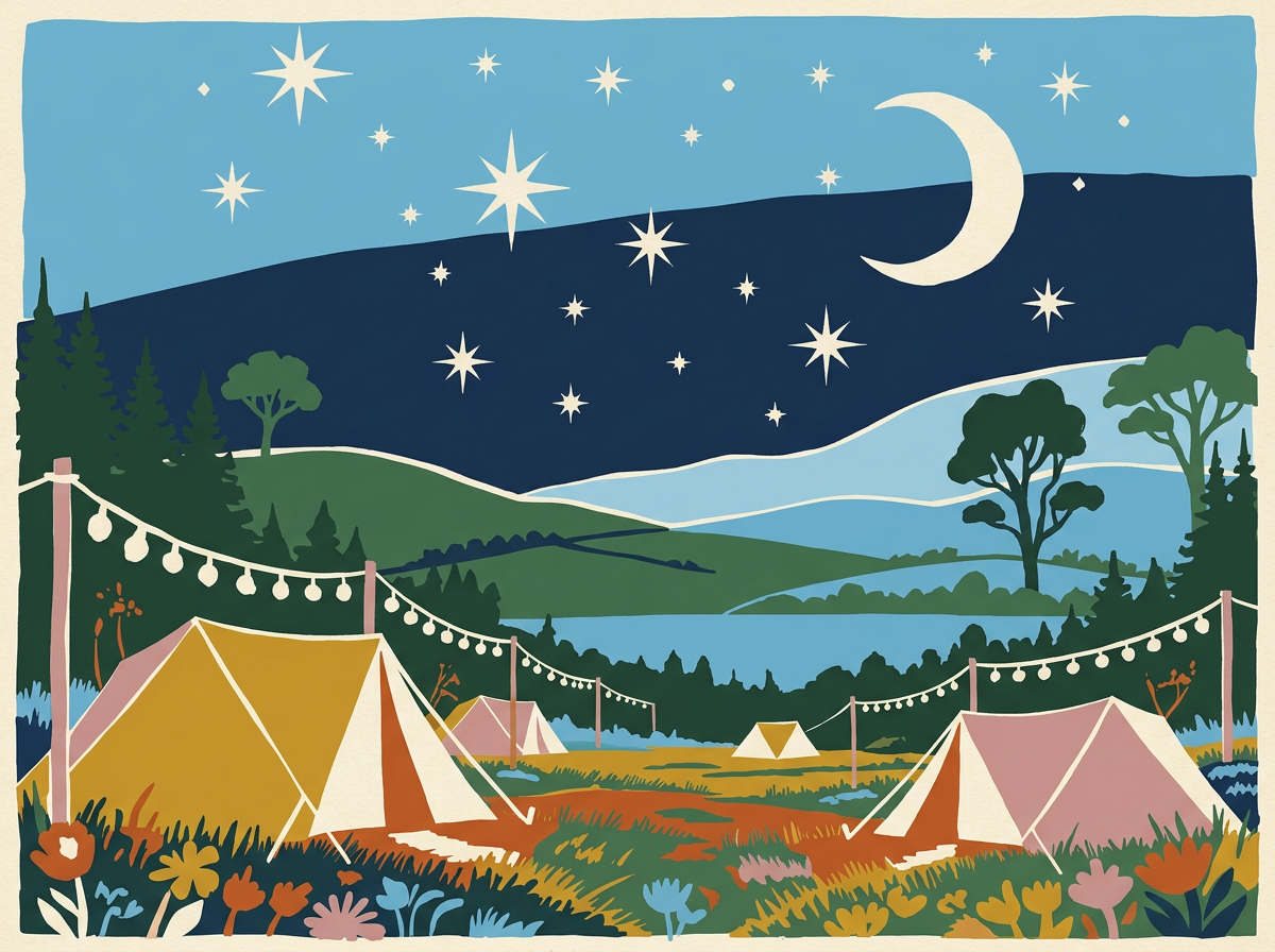 Retro illustration celebrating camping at the festival